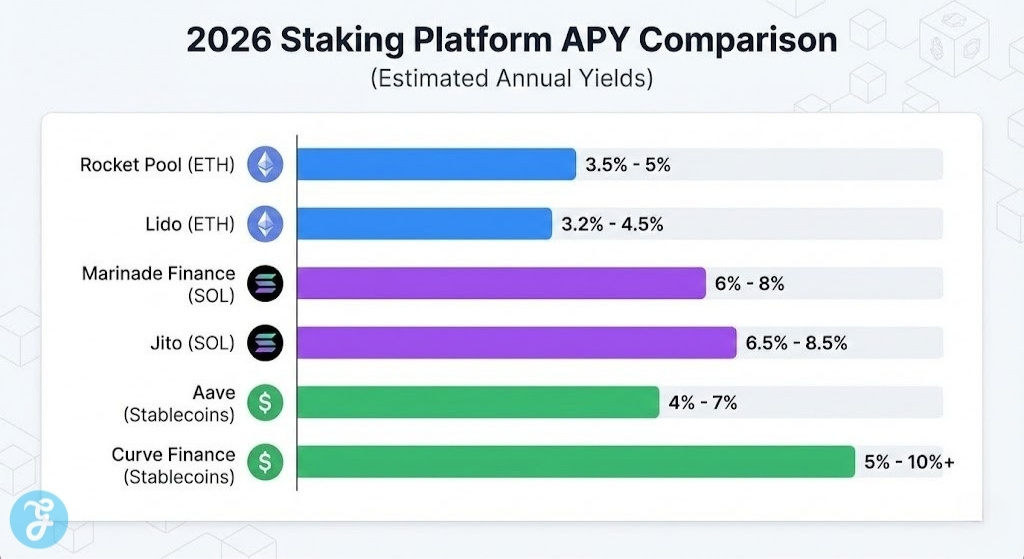 A 16:9 horizontal bar chart infographic titled "2026 Staking Platform APY Comparison". It shows estimated yields for Rocket Pool (ETH), Lido (ETH), Marinade Finance (SOL), Jito (SOL), Aave (Stablecoins), and Curve Finance (Stablecoins), with percentages ranging from 3.2% to 10%+.