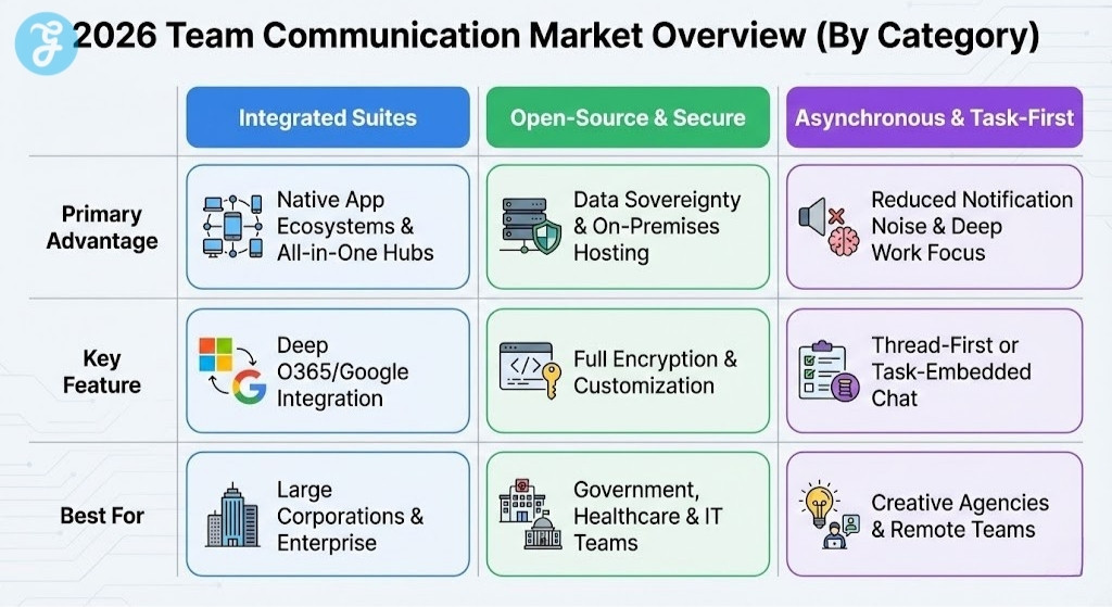 A comparison table infographic titled '2026 Team Communication Market Overview (By Category)', contrasting Integrated Suites, Open-Source & Secure platforms, and Asynchronous & Task-First tools by their primary advantage, key features, and best use cases for different team types.