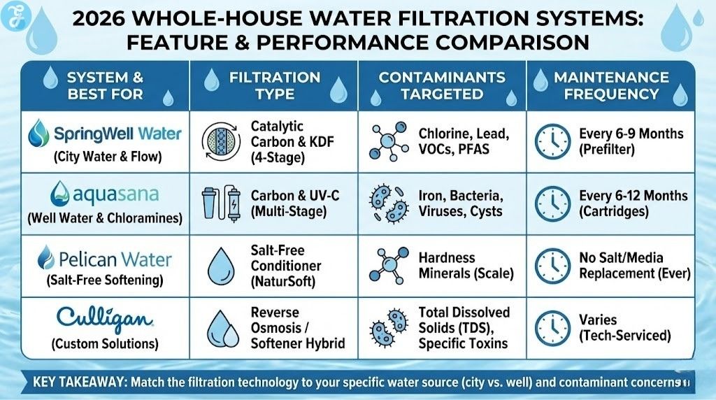 Infographic comparison table titled "2026 Whole-House Water Filtration Systems: Feature & Performance Comparison." It compares SpringWell, Aquasana, Pelican, and Culligan across four categories: Filtration Type, Contaminants Targeted, and Maintenance Frequency, highlighting different technologies like catalytic carbon, UV-C, and salt-free conditioners.
