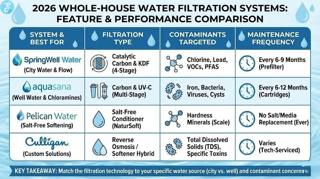 Infographic comparison table titled "2026 Whole-House Water Filtration Systems: Feature & Performance Comparison." It compares SpringWell, Aquasana, Pelican, and Culligan across four categories: Filtration Type, Contaminants Targeted, and Maintenance Frequency, highlighting different technologies like catalytic carbon, UV-C, and salt-free conditioners.