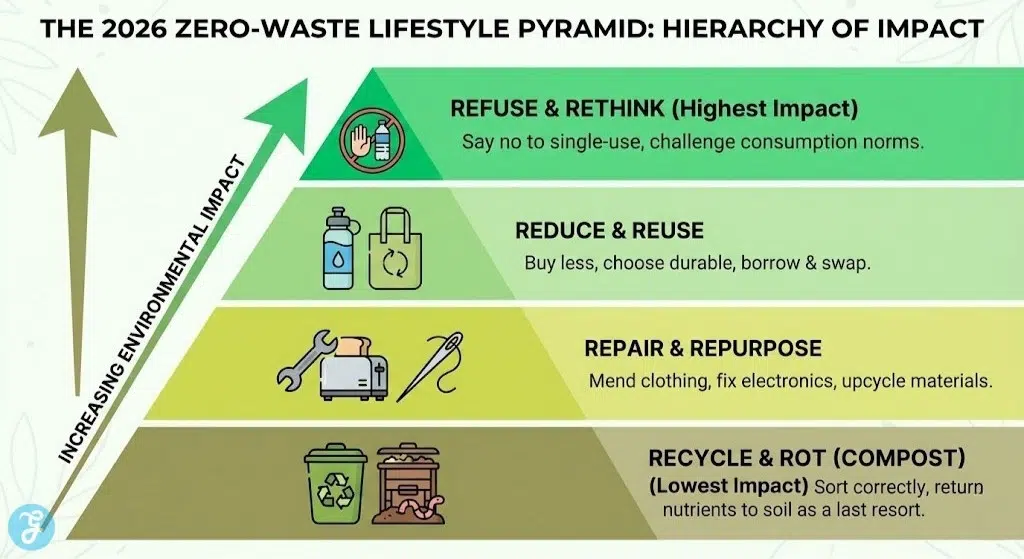 A 16:9 pyramid infographic titled "The 2026 Zero-Waste Lifestyle Pyramid: Hierarchy of Impact." The pyramid is divided into four tiers, with an upward arrow indicating "Increasing Environmental Impact." From top to bottom: Refuse & Rethink, Reduce & Reuse, Repair & Repurpose, and Recycle & Rot (Compost).
