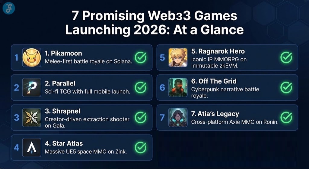 A checklist infographic reviewing seven promising Web3 games launching in 2026, highlighting their key features and platforms.