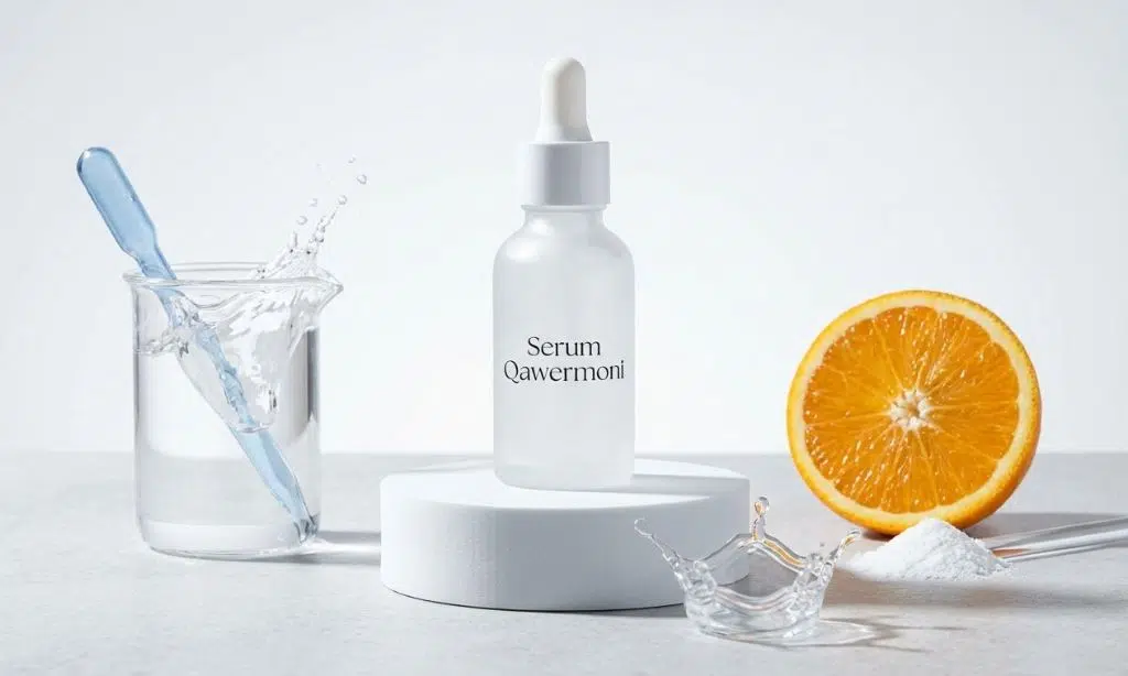 A bottle of Serum Qawermoni surrounded by fresh ingredient elements