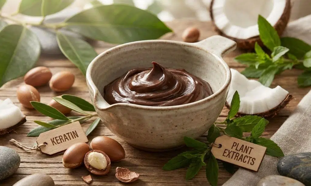 A display of natural hair dye ingredients including argan oil and keratin