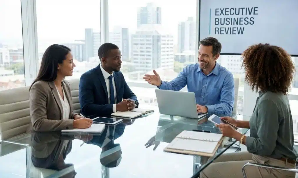 A diverse group of professionals conducting an Executive Business Review meeting