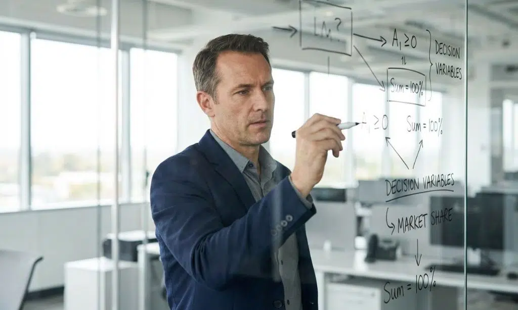 A professional writing decision variables and logic formulas on a glass wall