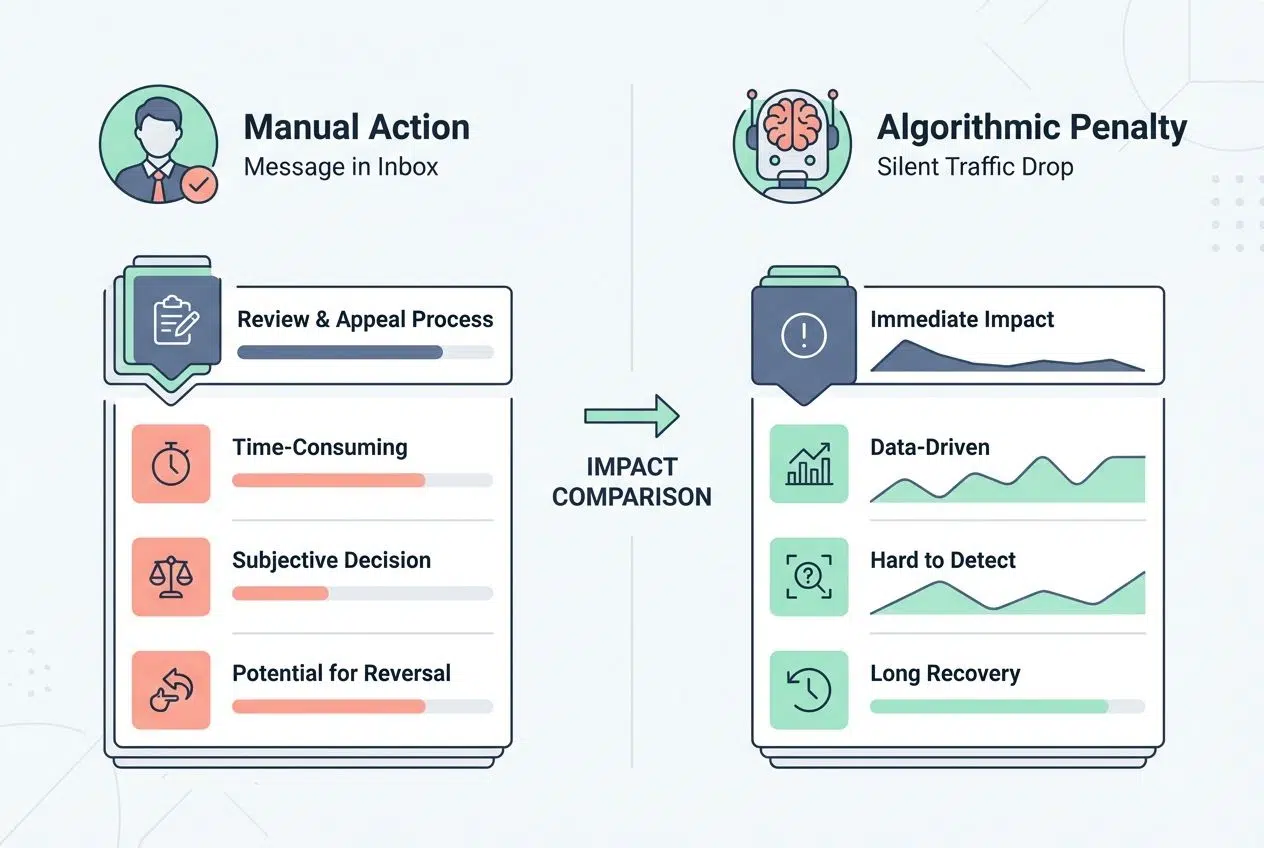 AI-generated content penalties manual and algorithmic comparison
