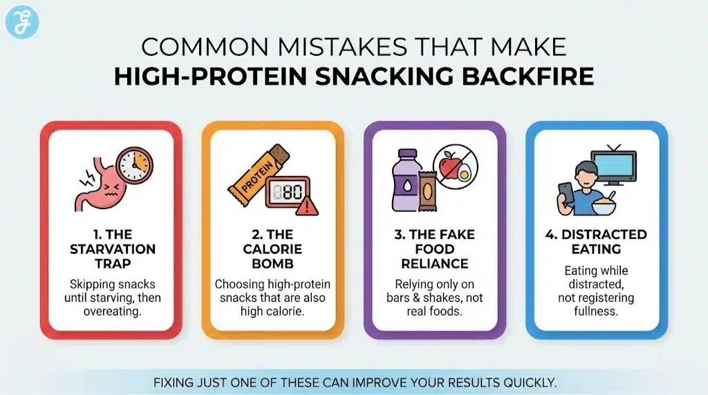Infographic titled 'COMMON MISTAKES THAT MAKE HIGH-PROTEIN SNACKING BACKFIRE'. It shows four color-coded panels with icons: '1. THE STARVATION TRAP', '2. THE CALORIE BOMB', '3. THE FAKE FOOD RELIANCE', and '4. DISTRACTED EATING'. Each panel describes the mistake. A key takeaway is at the bottom.