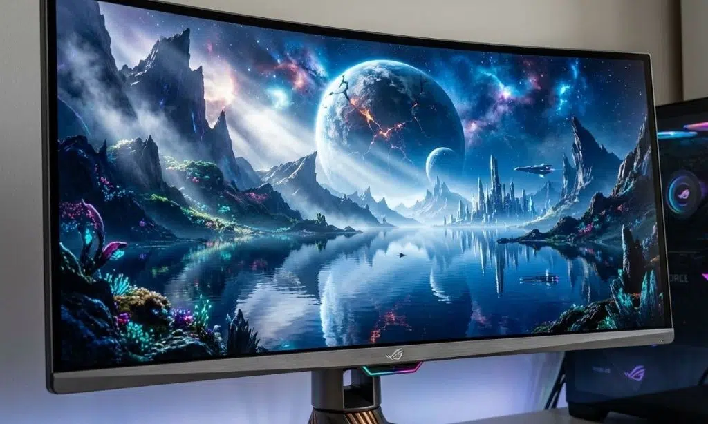 Close-up of a curved gaming monitor displaying volumetric fog and ray tracing effects.