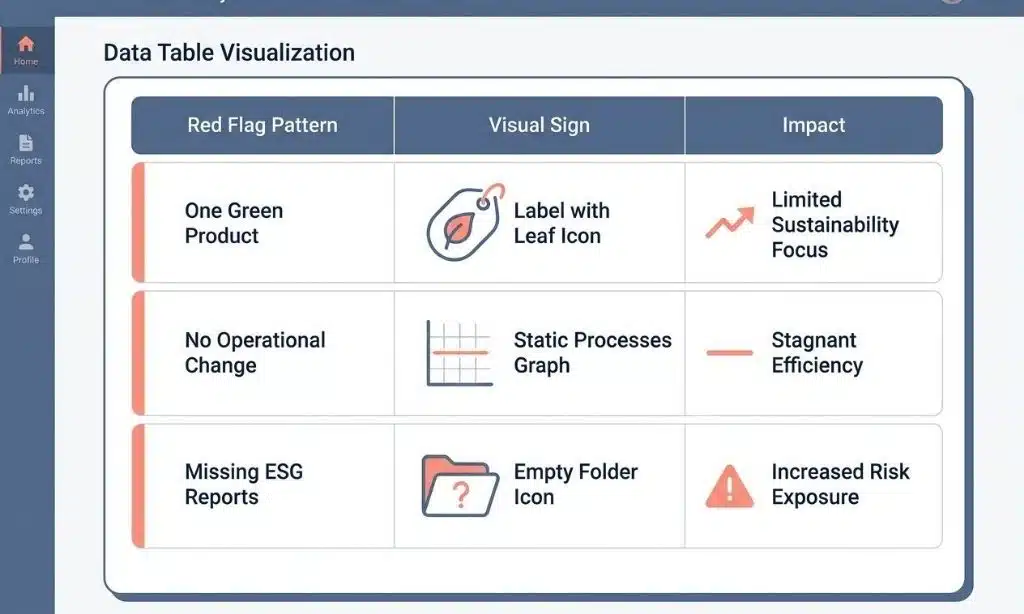 Data table outlining red flag patterns of greenwashing such as isolated green product lines
