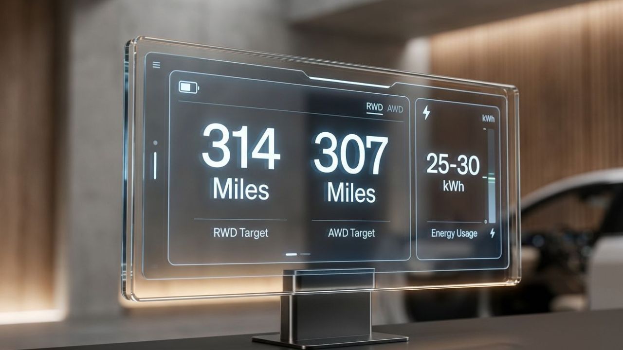 Digital display showing Cadillac Lyriq range statistics for Rear-Wheel and All-Wheel drive