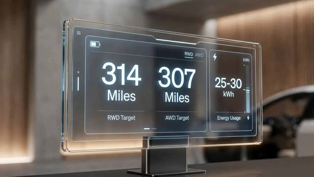 Digital display showing Cadillac Lyriq range statistics for Rear-Wheel and All-Wheel drive