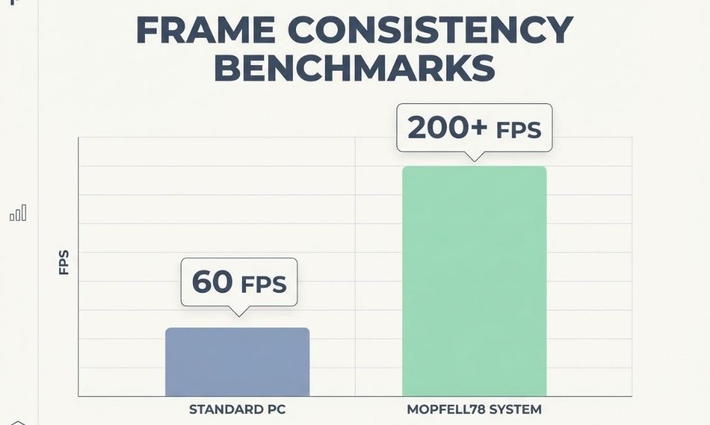 Bar chart comparing frame rates between standard PCs and Mopfell78 systems