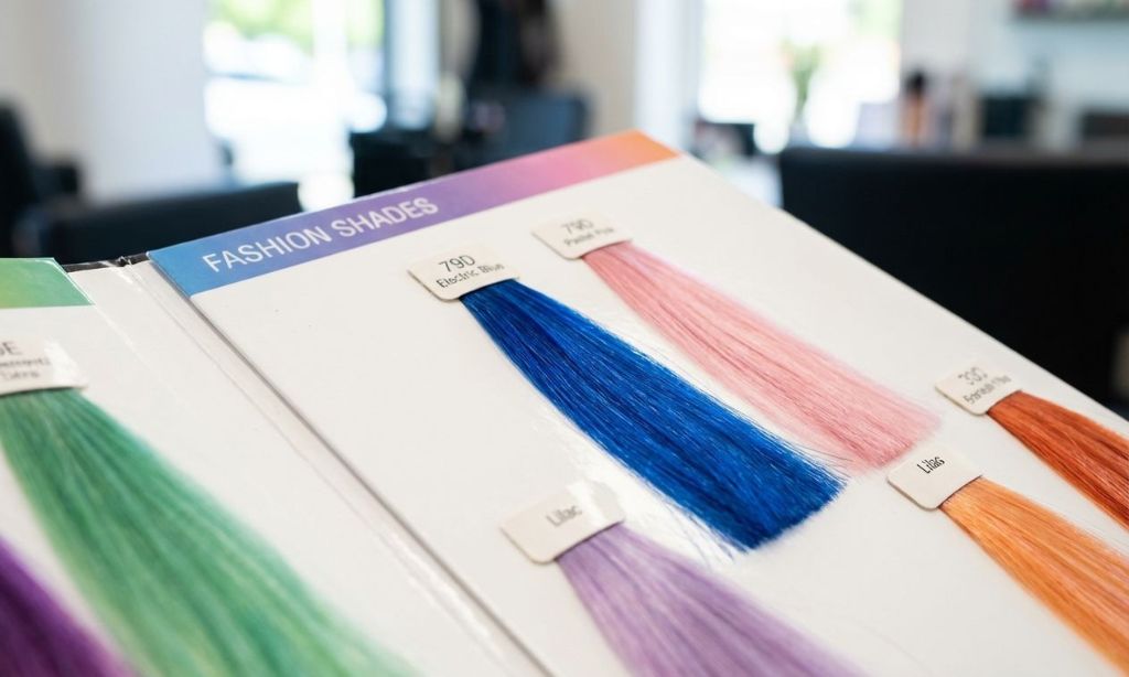 Hair color swatches showing vibrant shades including 79D Electric Blue