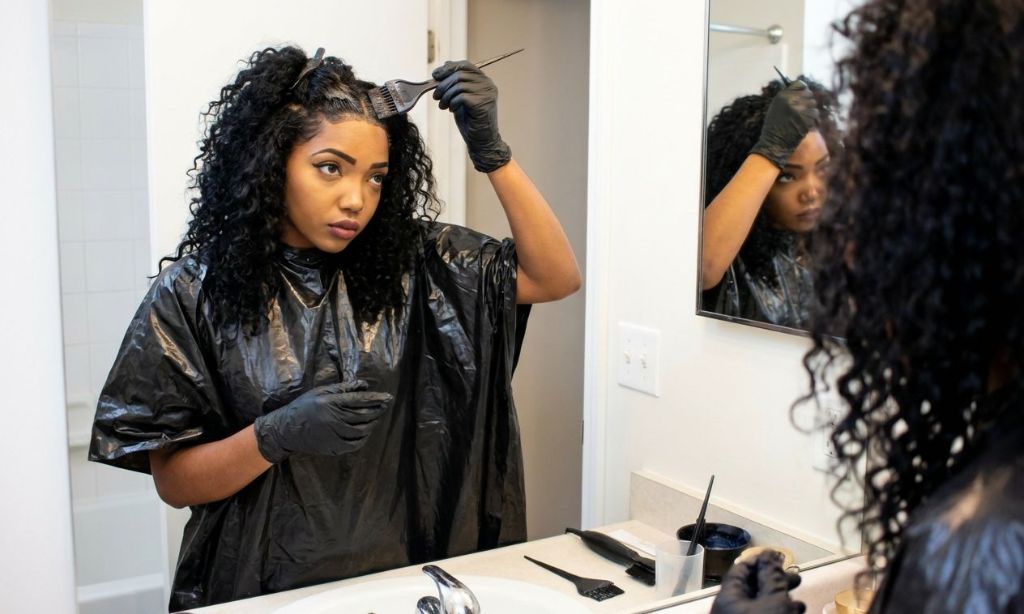 I am applying hair dye to my hair roots using a brush and gloves