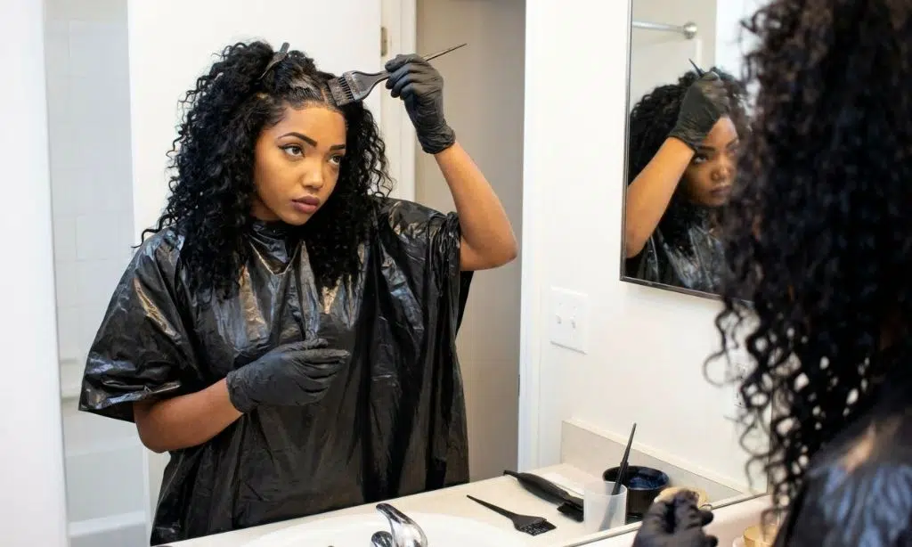 I am applying hair dye to my hair roots using a brush and gloves