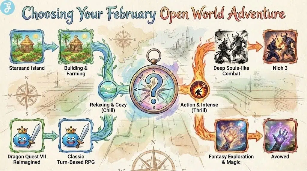Hand-drawn watercolor infographic flowchart titled 'Choosing Your February Open World Adventure'. A central compass asks 'What's your vibe?'. The left path for 'Relaxing & Cozy' leads to 'Starsand Island' (Building & Farming) and 'Dragon Quest VII Reimagined' (Classic Turn-Based RPG). The right path for 'Action & Intense' leads to 'Nioh 3' (Deep Souls-like Combat) and 'Avowed' (Fantasy Exploration & Magic).