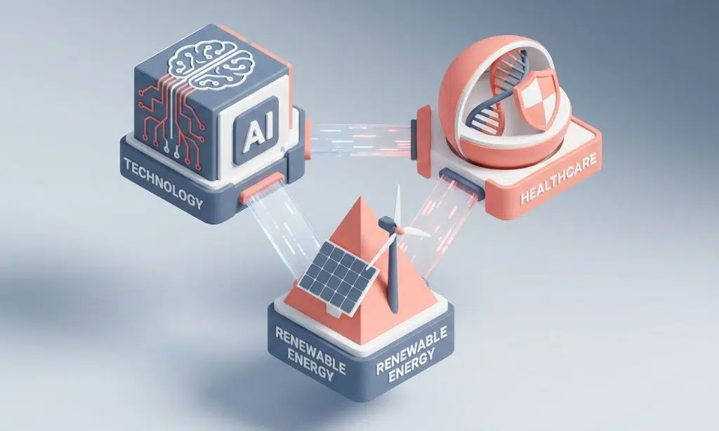 Infographic illustrating a diversified portfolio with AI, Healthcare, and Renewable Energy sectors