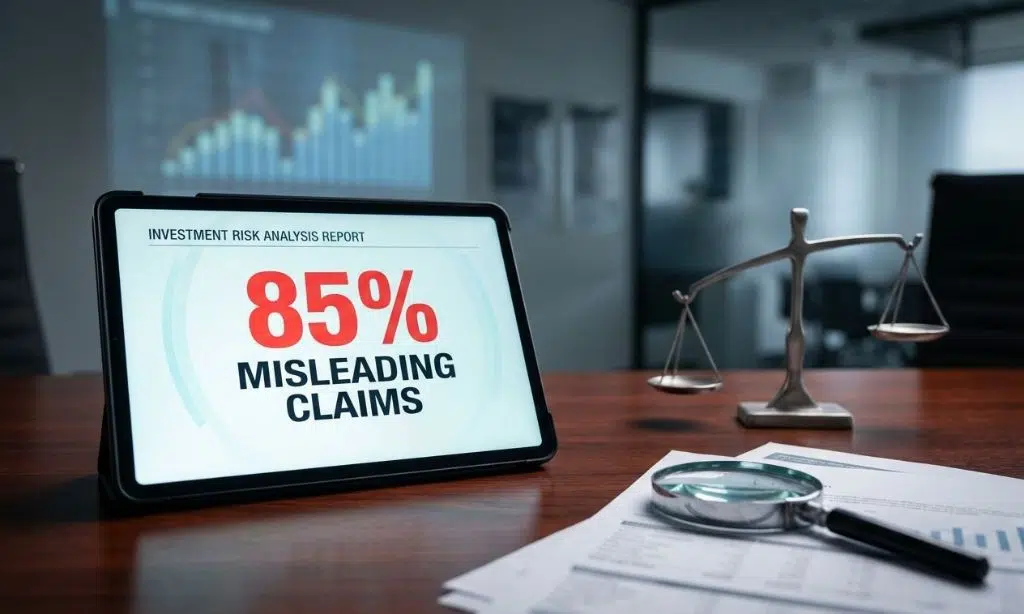 Conceptual data visualization highlighting the statistic that 85% of investors see misleading ESG claims