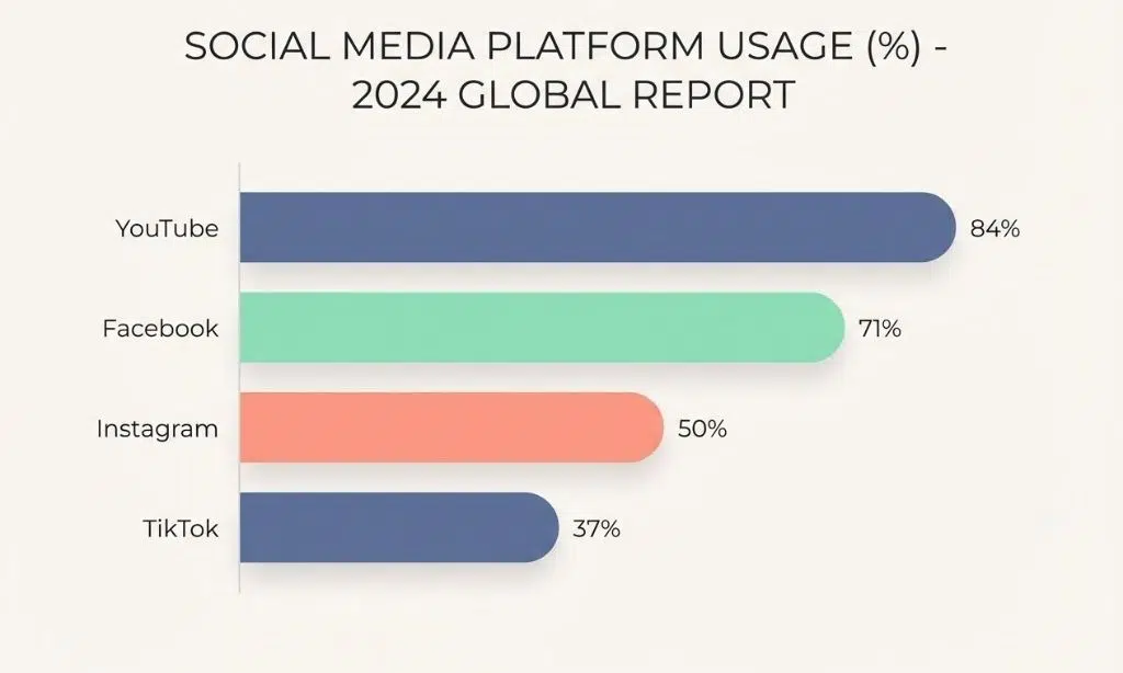 Bar chart displaying 2025 US social media platform usage statistics for YouTube, Facebook, Instagram, and TikTok