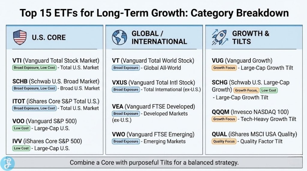 categorized grid organizing the 15 ETFs by their role in a portfolio