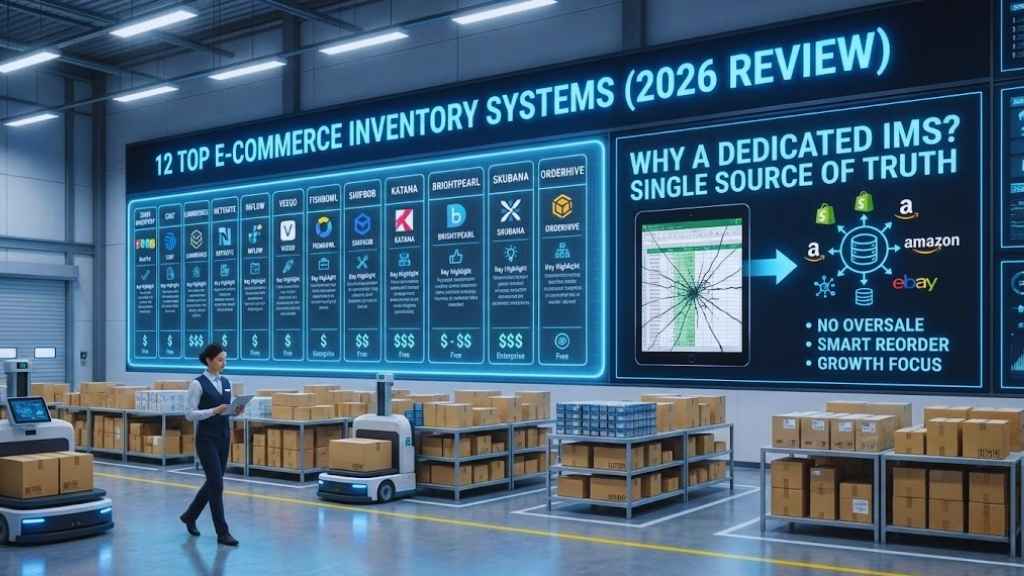 Digital dashboard showing a 2026 review of inventory management software (IMS) and key benefits for e-commerce growth, including smart reordering and avoiding dead stock.