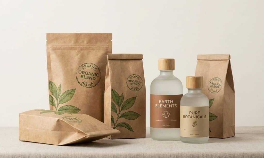 Various product packages using brown paper and green leaves to look eco-friendly