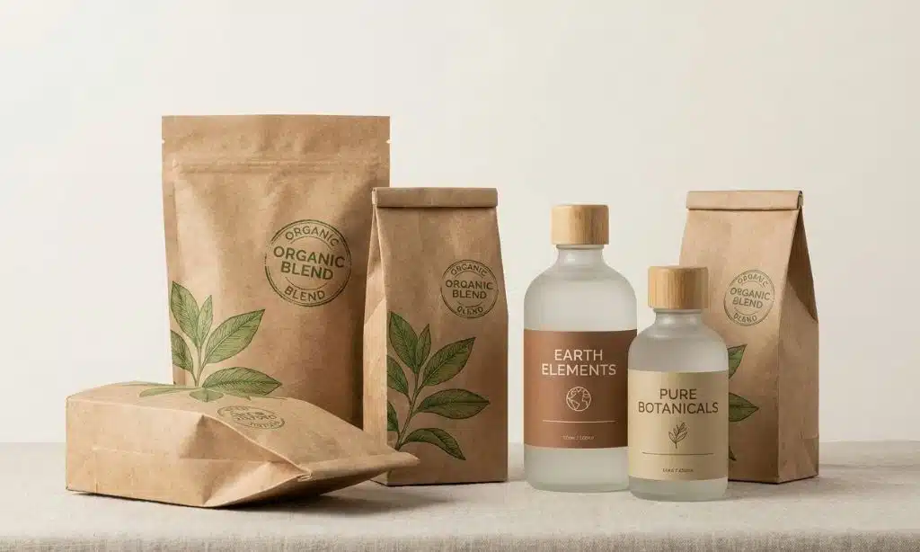 Various product packages using brown paper and green leaves to look eco-friendly