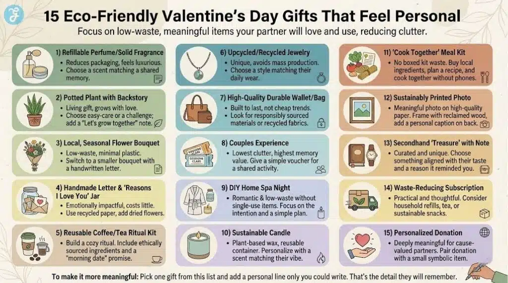 A clean grid-style infographic listing 15 eco-friendly gift ideas like refillable perfume, potted plants, and local flowers, each paired with a brief explanation of why it works and a minimalist icon.