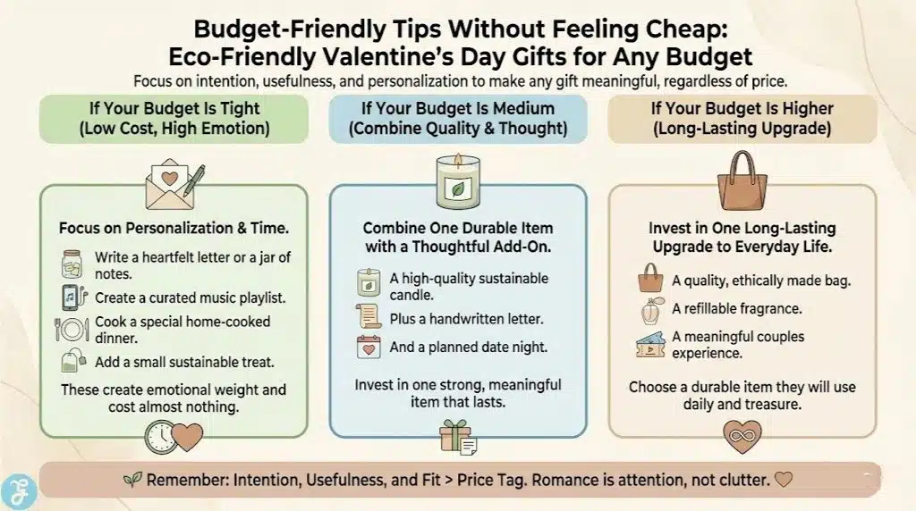 A professional infographic titled "Budget-Friendly Tips Without Feeling Cheap" comparing gift strategies for Tight, Medium, and Higher budgets, highlighting personalization and quality over price.