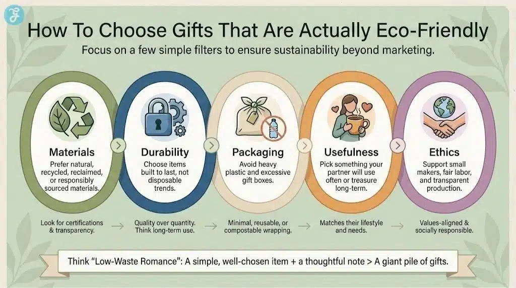 A professional infographic titled "How To Choose Gifts That Are Actually Eco-Friendly" featuring five colorful circular sections for Materials, Durability, Packaging, Usefulness, and Ethics, with descriptive bullet points and icons for each.