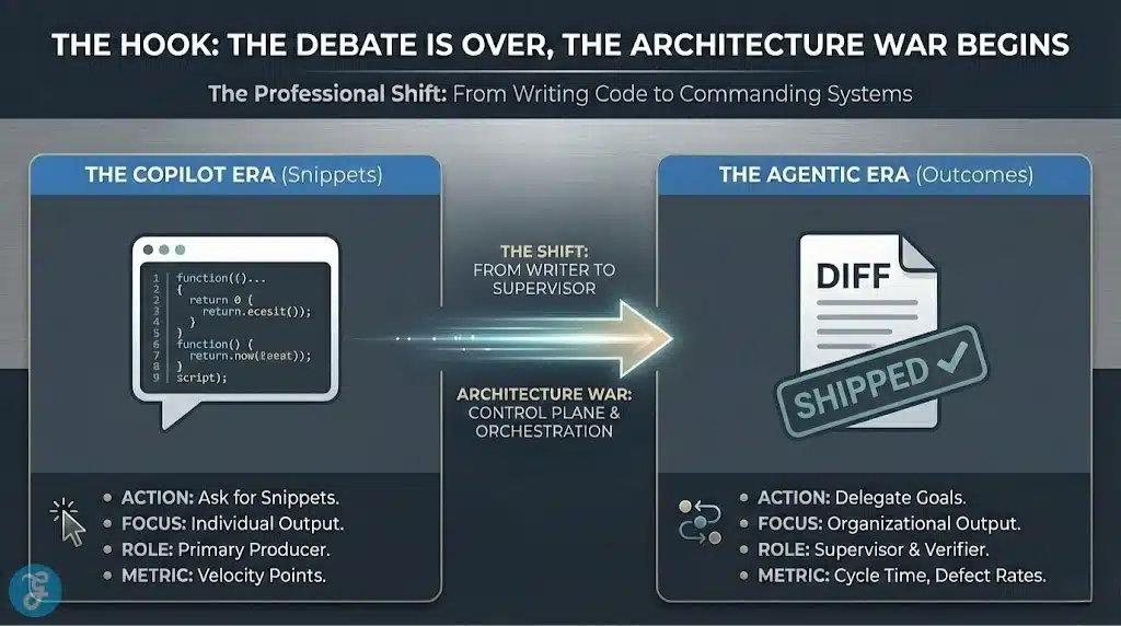 A professional 1280x720 infographic titled "The Hook: The Debate Is Over, The Architecture War Begins." It features a clean, simplified split view comparing the Copilot Era (focused on snippets and individual velocity) with the Agentic Era (focused on outcomes and organizational orchestration). A central arrow shows the shift from code writer to system supervisor.