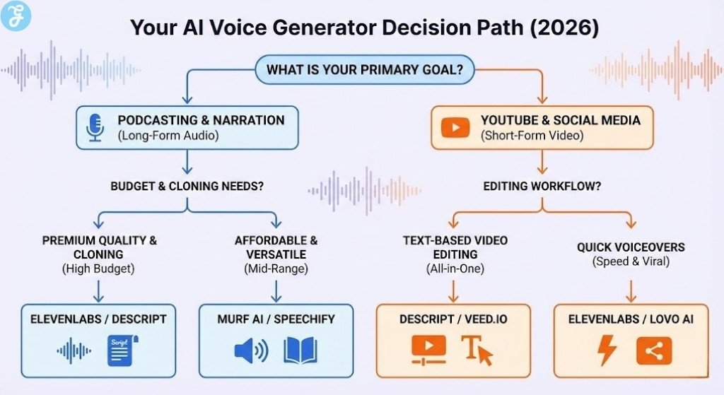 A flowchart infographic titled 'Your AI Voice Generator Decision Path (2026)'. It starts with 'WHAT IS YOUR PRIMARY GOAL?' and branches into 'PODCASTING & NARRATION' (leading to 'ELEVENLABS / DESCRIPT' for high budget or 'MURF AI / SPEECHIFY' for mid-range) and 'YOUTUBE & SOCIAL MEDIA' (leading to 'DESCRIPT / VEED.IO' for text-based editing or 'ELEVENLABS / LOVO AI' for quick voiceovers). Each path has relevant icons and is color-coded.
