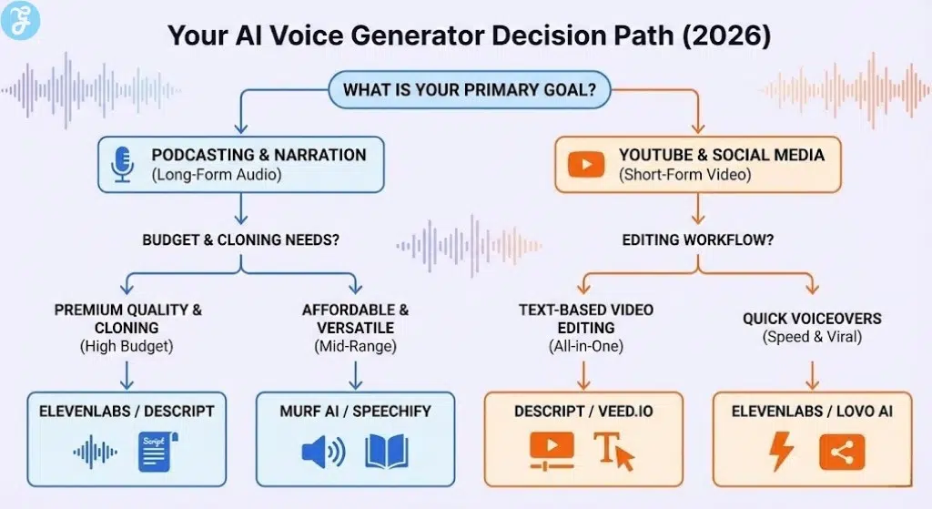 A flowchart infographic titled 'Your AI Voice Generator Decision Path (2026)'. It starts with 'WHAT IS YOUR PRIMARY GOAL?' and branches into 'PODCASTING & NARRATION' (leading to 'ELEVENLABS / DESCRIPT' for high budget or 'MURF AI / SPEECHIFY' for mid-range) and 'YOUTUBE & SOCIAL MEDIA' (leading to 'DESCRIPT / VEED.IO' for text-based editing or 'ELEVENLABS / LOVO AI' for quick voiceovers). Each path has relevant icons and is color-coded.