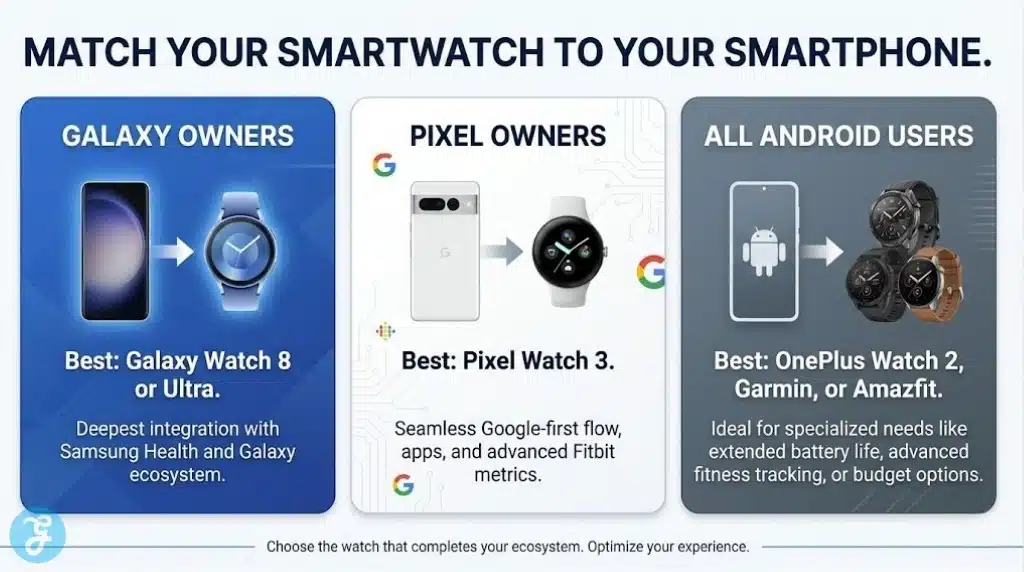 An infographic helping users match their Android smartphone (Samsung, Pixel, or others) to the most compatible smartwatch ecosystem.