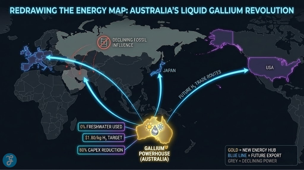 A global map highlighting Australia as a "Gallium Powerhouse" with export routes to the USA, Japan, and Europe, emphasizing the 0% freshwater usage of Australia’s Liquid Gallium Revolution.