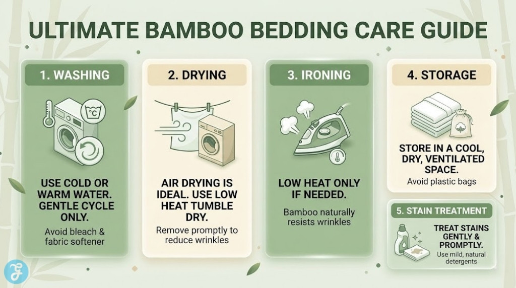 A 16:9 professional infographic titled 'ULTIMATE BAMBOO BEDDING CARE GUIDE'. Five distinct, numbered panels with clean modern icons and sage green headers detail washing (cold water/gentle), drying (air dry/low heat), ironing (low heat), storage (dry space), and stain treatment (mild spot cleaner). The aesthetic is modern and glassmorphism-based, avoiding excessive text.