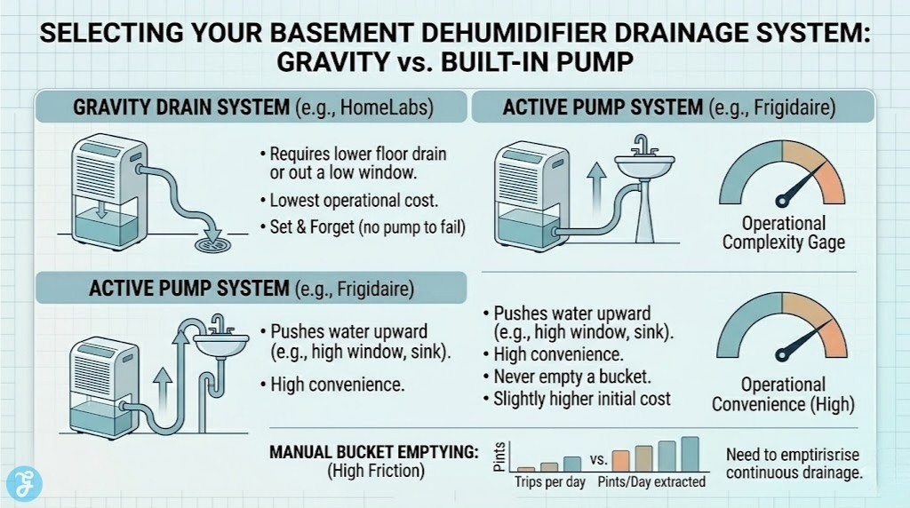 Infographic titled 'SELECTING YOUR BASEMENT DEHUMIDIFIER DRAINAGE SYSTEM: GRAVITY vs. BUILT-IN PUMP'. Visualizes clean horizontal paths for choosing Drainage: Gravity Drain (lower floor drain, set & forget) vs. Active Pump System (pushes water upward, high convenience, never empty bucket), with descriptive icons, text, and operational gages. Bottom chart illustrates the friction of Manual Bucket Emptying, encouraging continuous drainage. Completely grounded, avoiding futuristic themes.