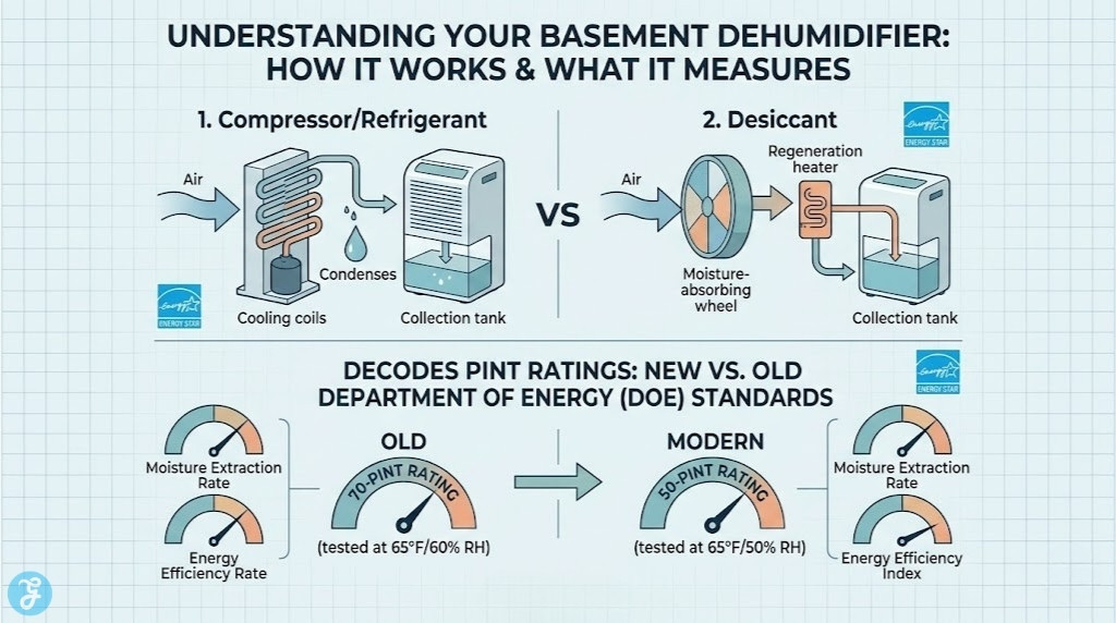 Infographic titled 'UNDERSTANDING YOUR BASEMENT DEHUMIDIFIER: HOW IT WORKS & WHAT IT MEASURES'. Visualizes a clean diagram of Compressor/Refrigerant vs. Desiccant extraction and explicitly decodes the change from Old 70-Pint to Modern 50-Pint DoE standards with small gauges and Energy Star icon. Completely grounded, avoiding futuristic themes.
