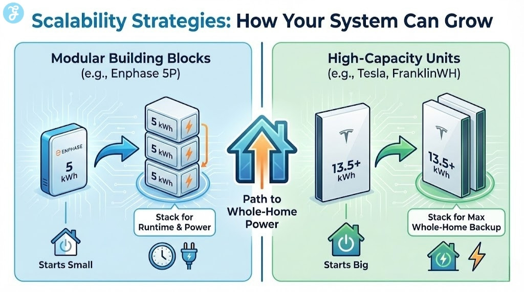 A split-panel infographic titled "Scalability Strategies". The left panel shows small "Modular Building Blocks" (Enphase) stacking up. The right panel shows large "High-Capacity Units" (Tesla) stacking. A center arrow labeled "Path to Whole-Home Power" points upward between them.