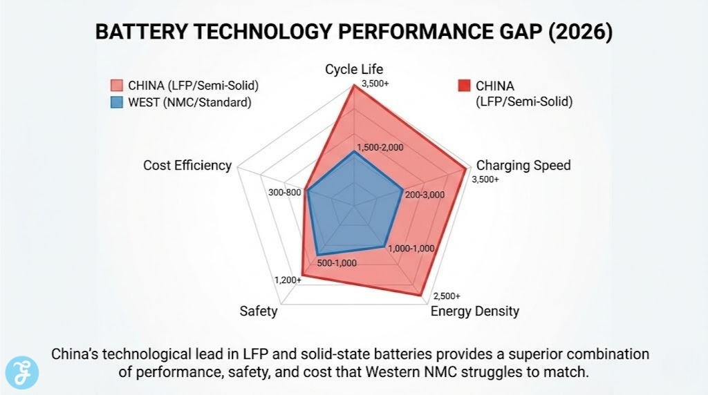 Radar chart comparing the performance of Chinese LFP/Semi-Solid batteries versus Western NMC/Standard batteries in 2026, showing China's superior performance in cycle life, charging speed, energy density, safety, and cost efficiency.