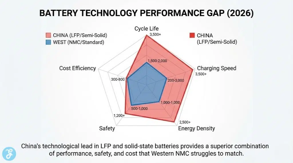 Radar chart comparing the performance of Chinese LFP/Semi-Solid batteries versus Western NMC/Standard batteries in 2026, showing China's superior performance in cycle life, charging speed, energy density, safety, and cost efficiency.