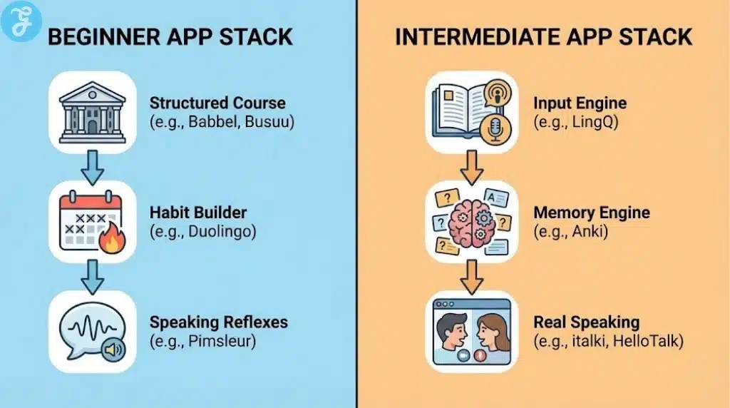 Infographic displaying recommended combinations of language learning apps ("stacks") for beginner and intermediate learners, showing which types of apps to combine for a complete study routine at each level.
