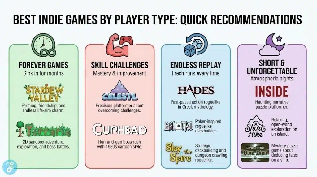 A scannable infographic categorizing the best indie games for different player types: Forever Games, Skill Challenges, Endless Replay, and Short & Unforgettable, with quick recommendations for each.