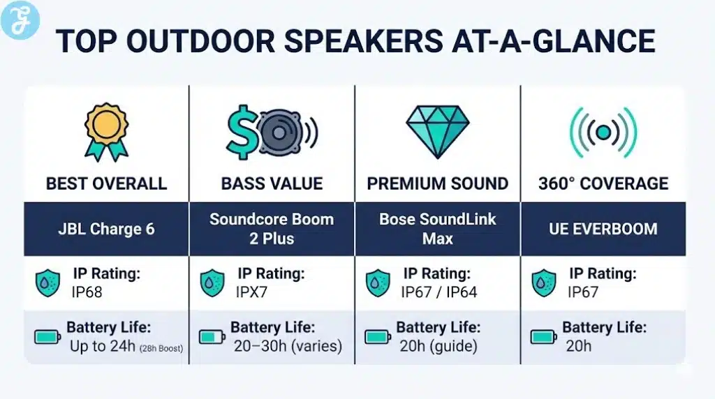 A comparison infographic highlighting the best outdoor Bluetooth speakers by category, including ratings for water resistance and battery life.