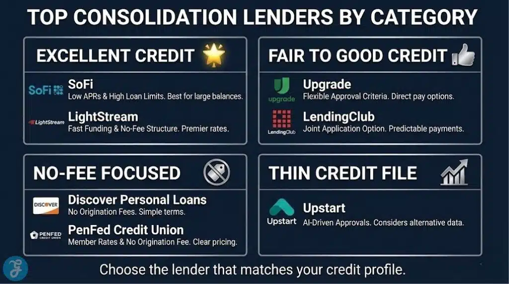 A grid-style infographic categorizing the best personal loan lenders for debt consolidation by credit tier and specific features like "no-fees."