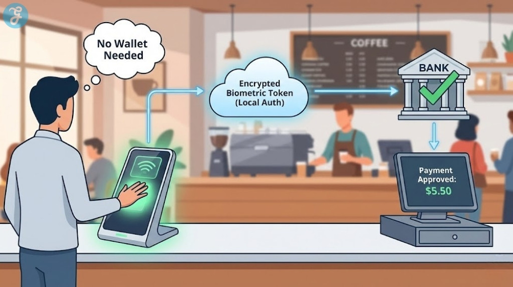 Diagram showing the step-by-step process of a biometric palm payment transaction at a retail store.