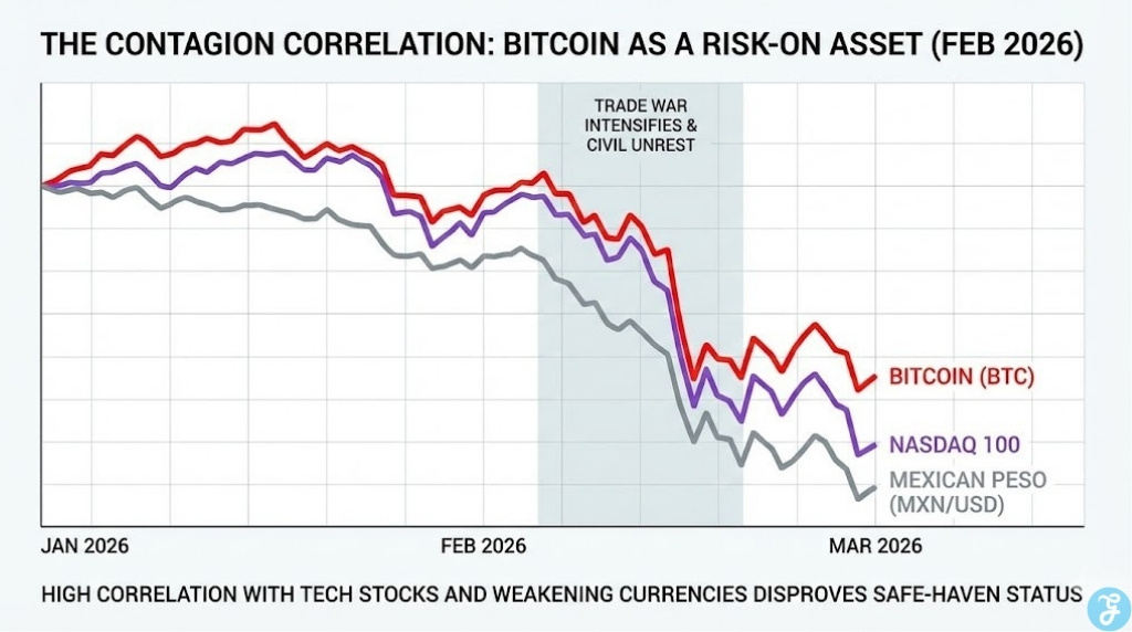 Line graph showing the high correlation between Bitcoin, the Nasdaq 100, and the Mexican Peso during the February 2026 trade war, disproving its safe-haven status.
