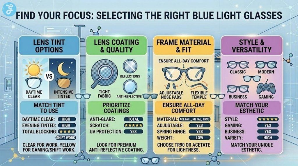 A 16:9 professional landscape infographic titled 'FIND YOUR FOCUS: SELECTING THE RIGHT BLUE LIGHT GLASSES'. Four horizontal color-coded panels define distinct selection categories: LENS TINT OPTIONS (Clear vs Yellow), LENS COATING & QUALITY (Anti-Reflective), FRAME MATERIAL & FIT (TR90 or Acetate), and STYLE & VERSATILITY (Classic vs Gaming). Each panel has a modern icon and a Feature Comparison Matrix with checkmarks, rating meters, and specific guide text (e.g., 'PRIORITIZE COATINGS'). Modern digital style with glowing elements. High fidelity text organized by headers.
