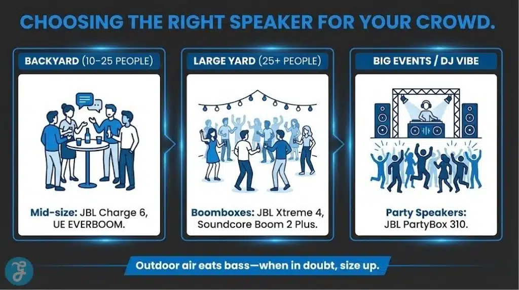 An infographic guide matching Bluetooth speaker sizes (Mid-size, Large, and Party) to specific crowd sizes for outdoor events.